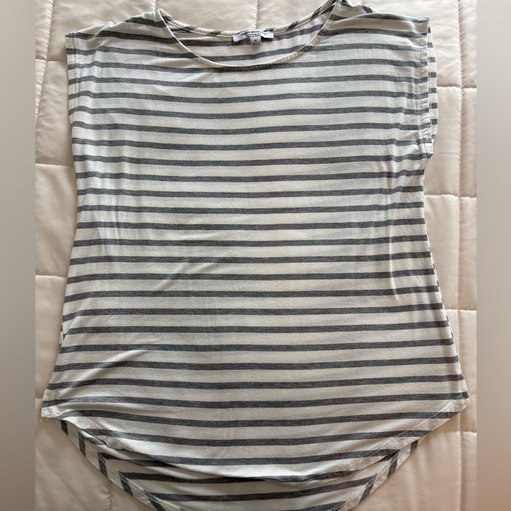 Green Envelope Gray Striped Short Sleeve Top